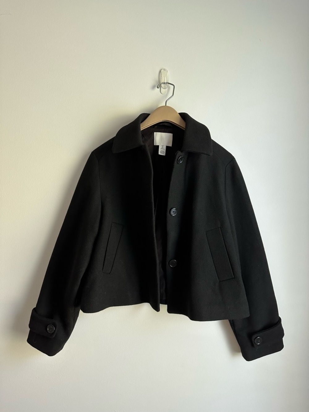 H&M Black Cropped Jacket | Minimal Wool Blend Coat | Size Small